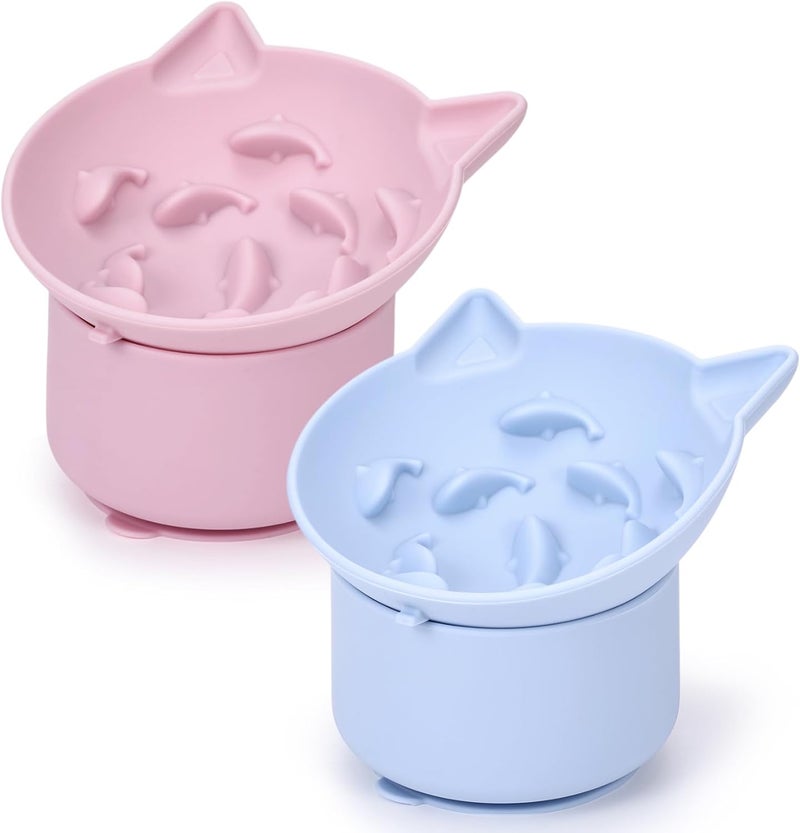 Funnymoom 2 Pack Silicone Cat Slow Feeder, Elevated Slow Feeder Cat Bowl for Dry and Wet Food, Tilted Design with Non Slip Base, Adjustable Angle for Pet(Pink and Blue) - Image 1